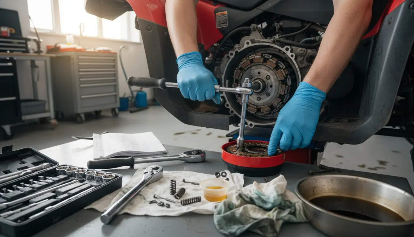 Udskiftning af kobling på en Linhai 260 cc ATV i et veloplyst værksted med værktøj lagt frem.