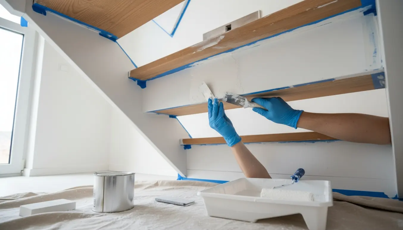 Nærbillede af undertrappe, hvor hænder spartler og maler loftet hvidt med malerudstyr og afdækning.