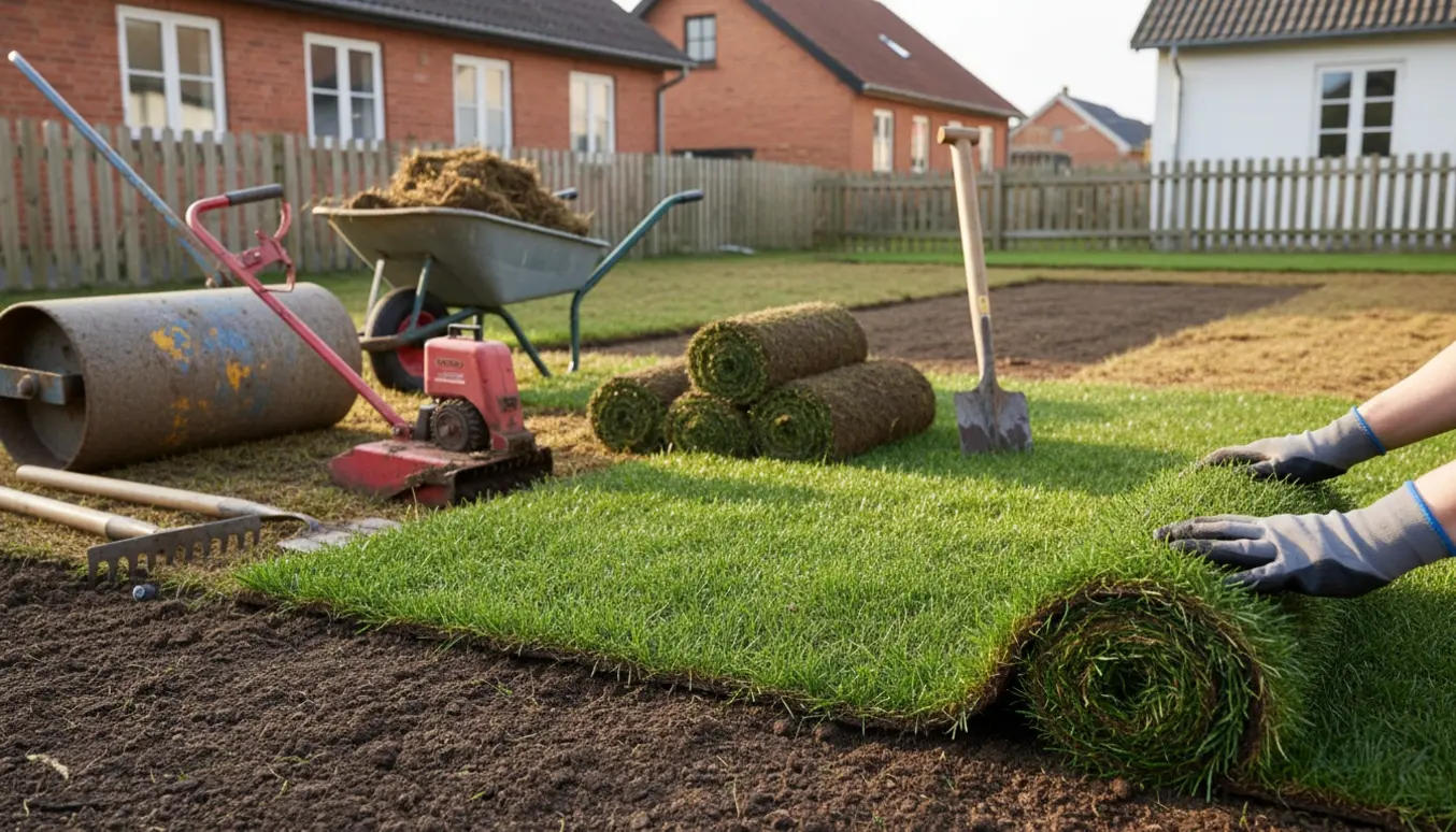 Rullegræs lægges ud på en ny forberedt plæne med værktøj og ruller klar i baggrunden.