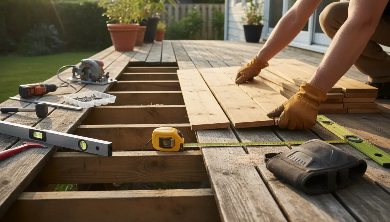 Delvis demonteret terrasse hvor nye terrassebrædder og værktøj ligger klar til montering.