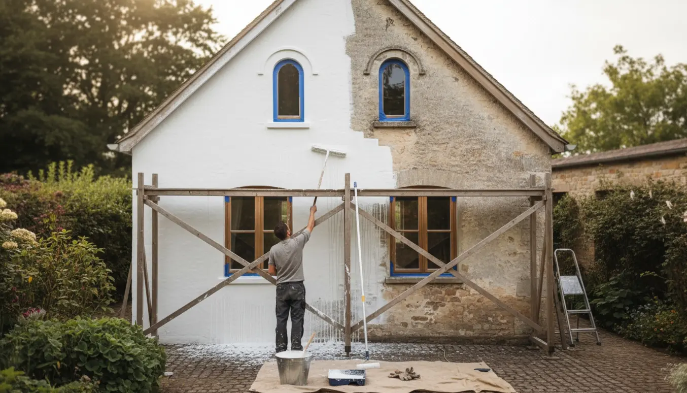 Gavlen på et to-etagers hus bliver kalket med pensel og bøtte, delvist færdig.