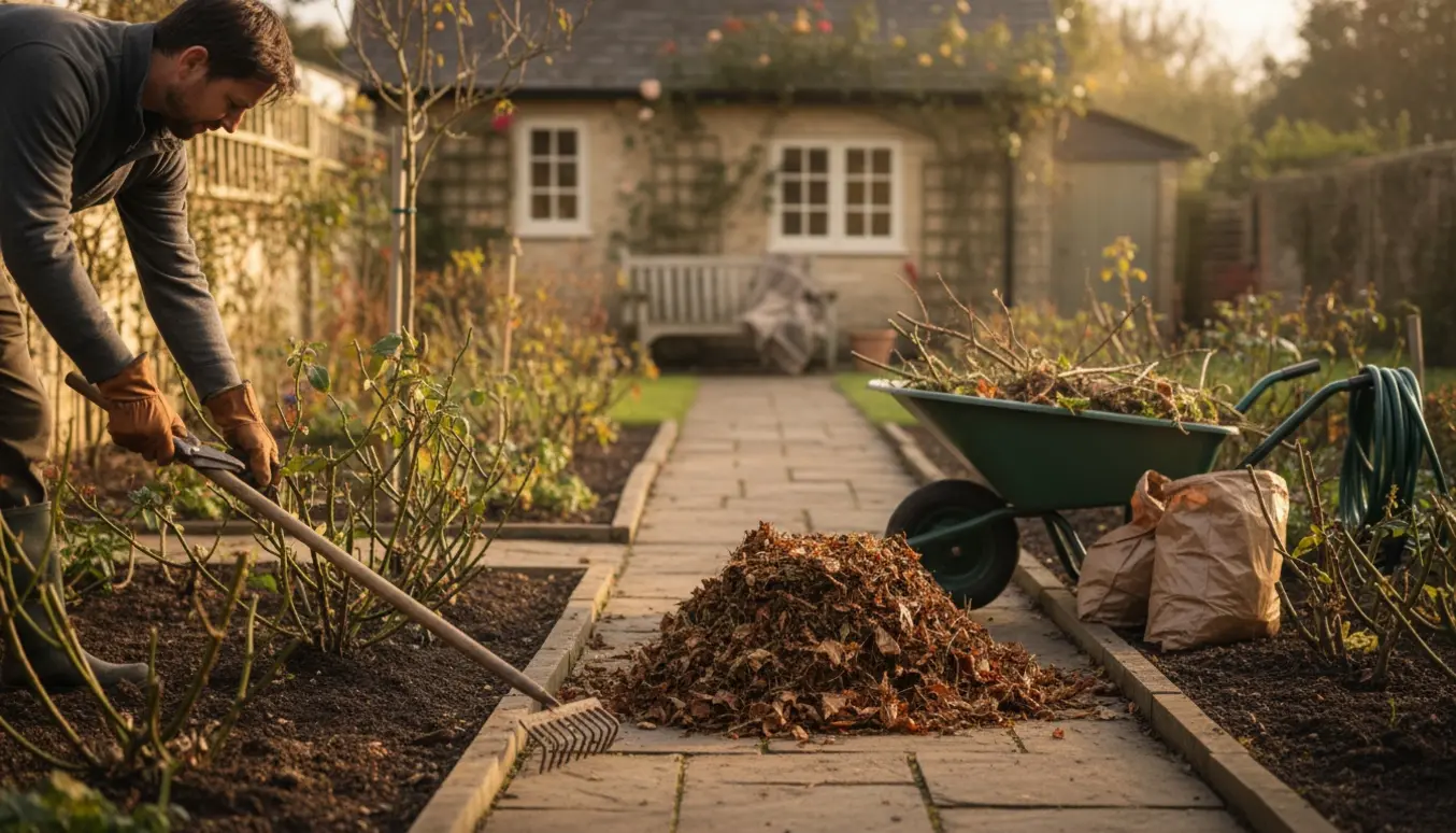 Hænder rydder og beskærer en lille have til foråret med rive, beskærersaks og trillebør.