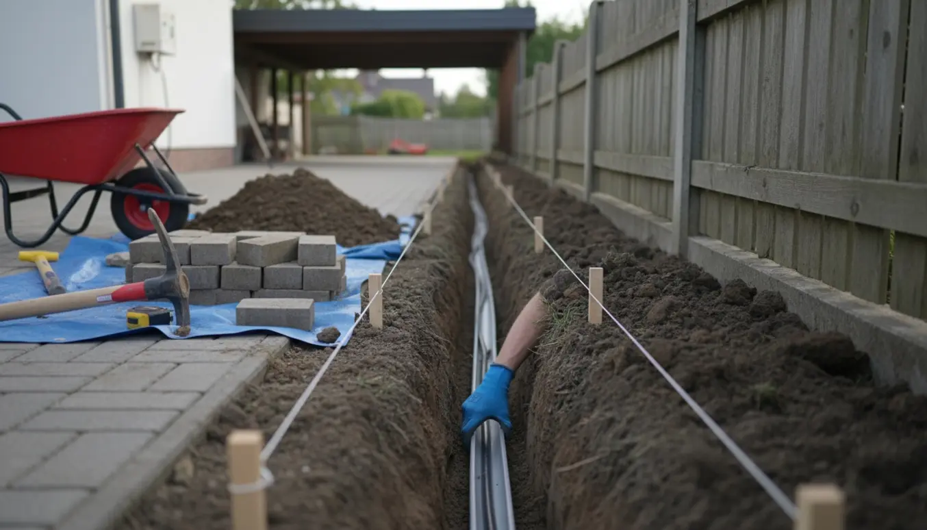 Udgravet rende langs hegn fra hus til carport med bunker af brosten og et kabelrør lagt i renden.