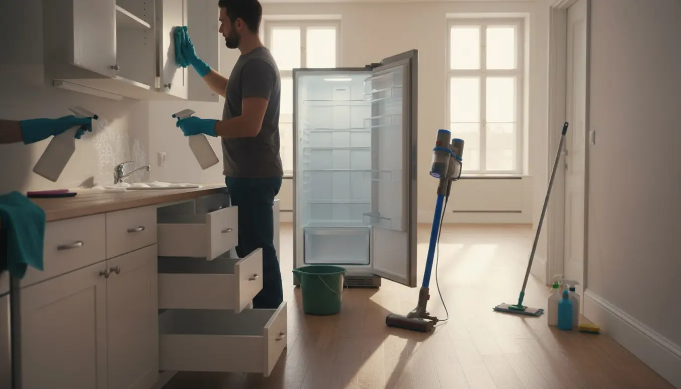 Rengøring af tom lejlighed før fraflytning med støvsuger, moppe og rene skabe.