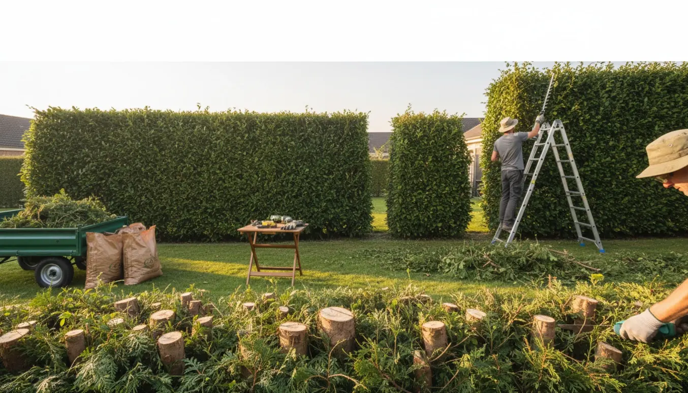 En 30 meter hæk sat ned til ca. 1 m og 60–70 cm med både bunker af afklip til afhentning og løse grene på græsset.