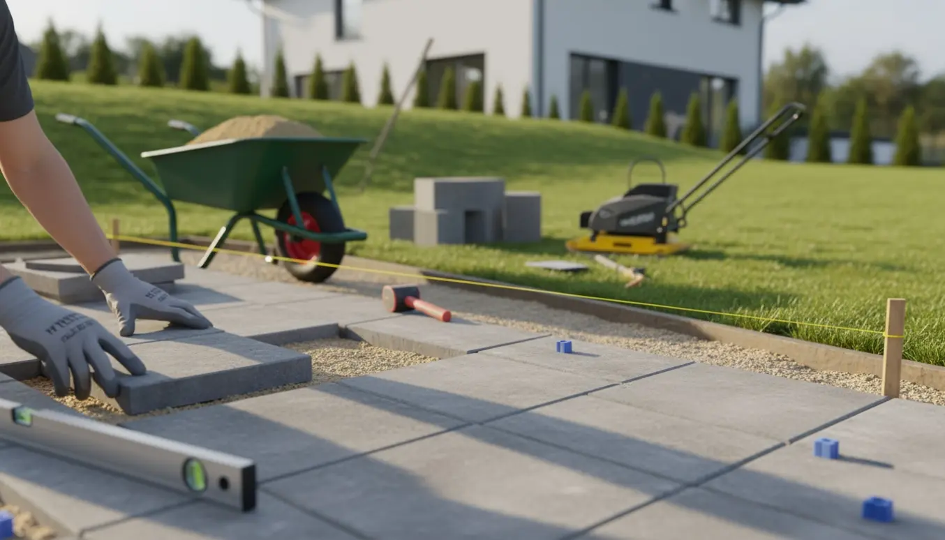 Delvist anlagt terrasse på ca. 10 m² på skrånende grund med fliser og værktøj.