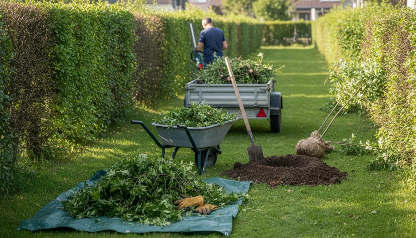 Nyklippet tjørnehæk med en bunke kvas og to tjørne klar til plantning i et meterdybt hul.
