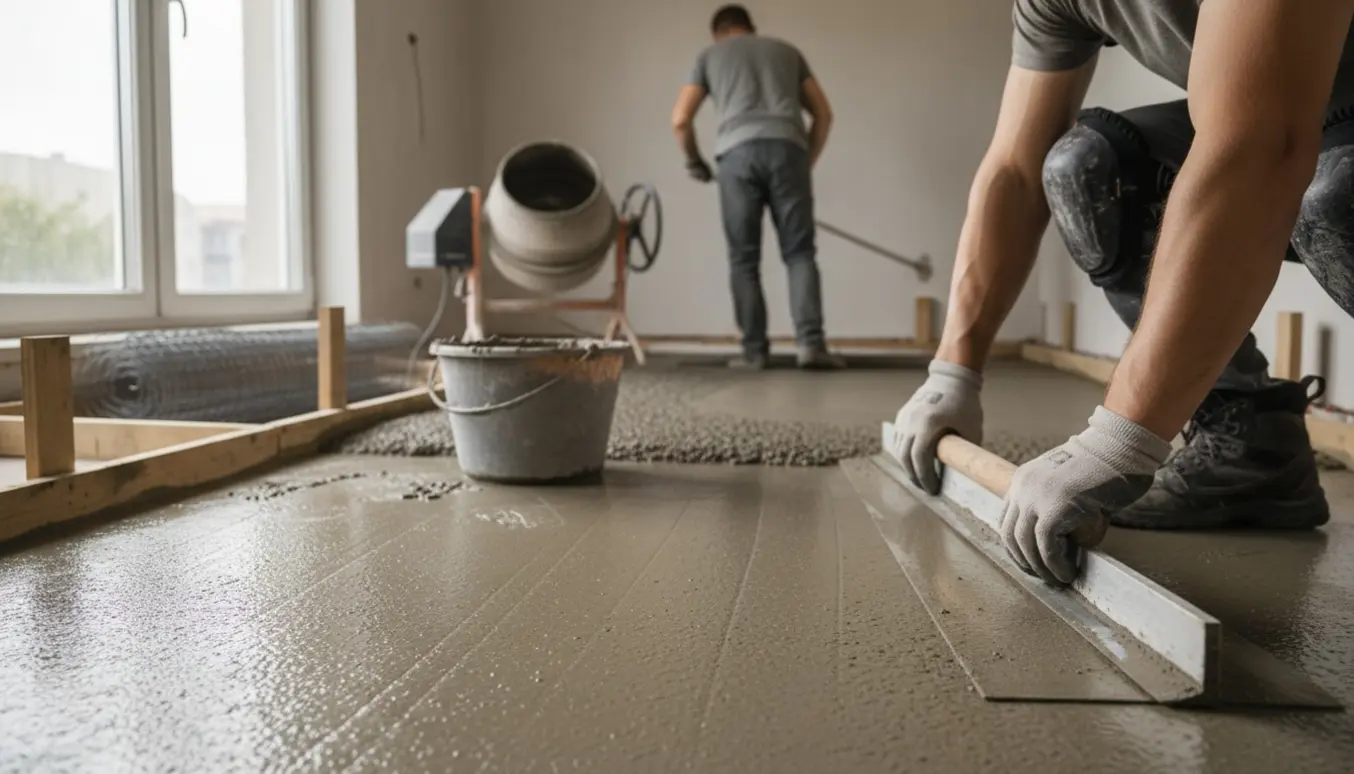 Håndværkere glatter et nylagt betongulv i et lille rum ved hjælp af trowel og flyder.