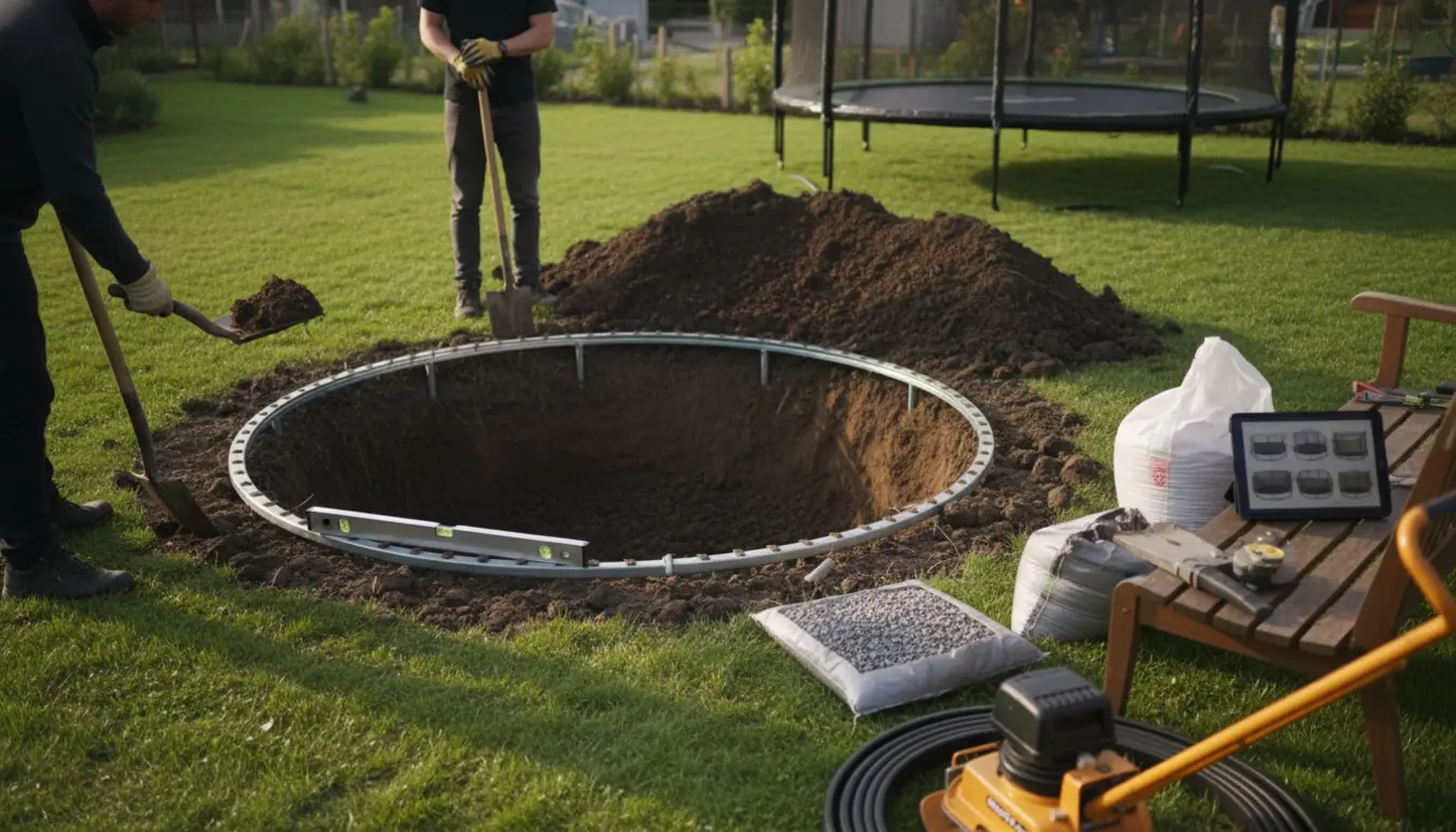 Nedgravning af trampolin i en baghave med udgravet hul, værktøj og en færdiginstalleret trampolin i baggrunden.