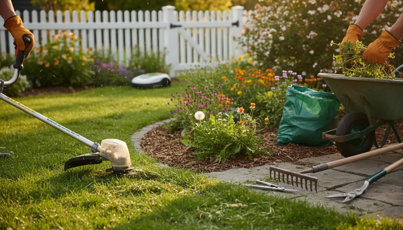Arbejder trimmer græskanten med kanttrimmer ved et blomsterbed, ukrudt samles i en vogn og en robotplæneklipper ses i baggrunden.