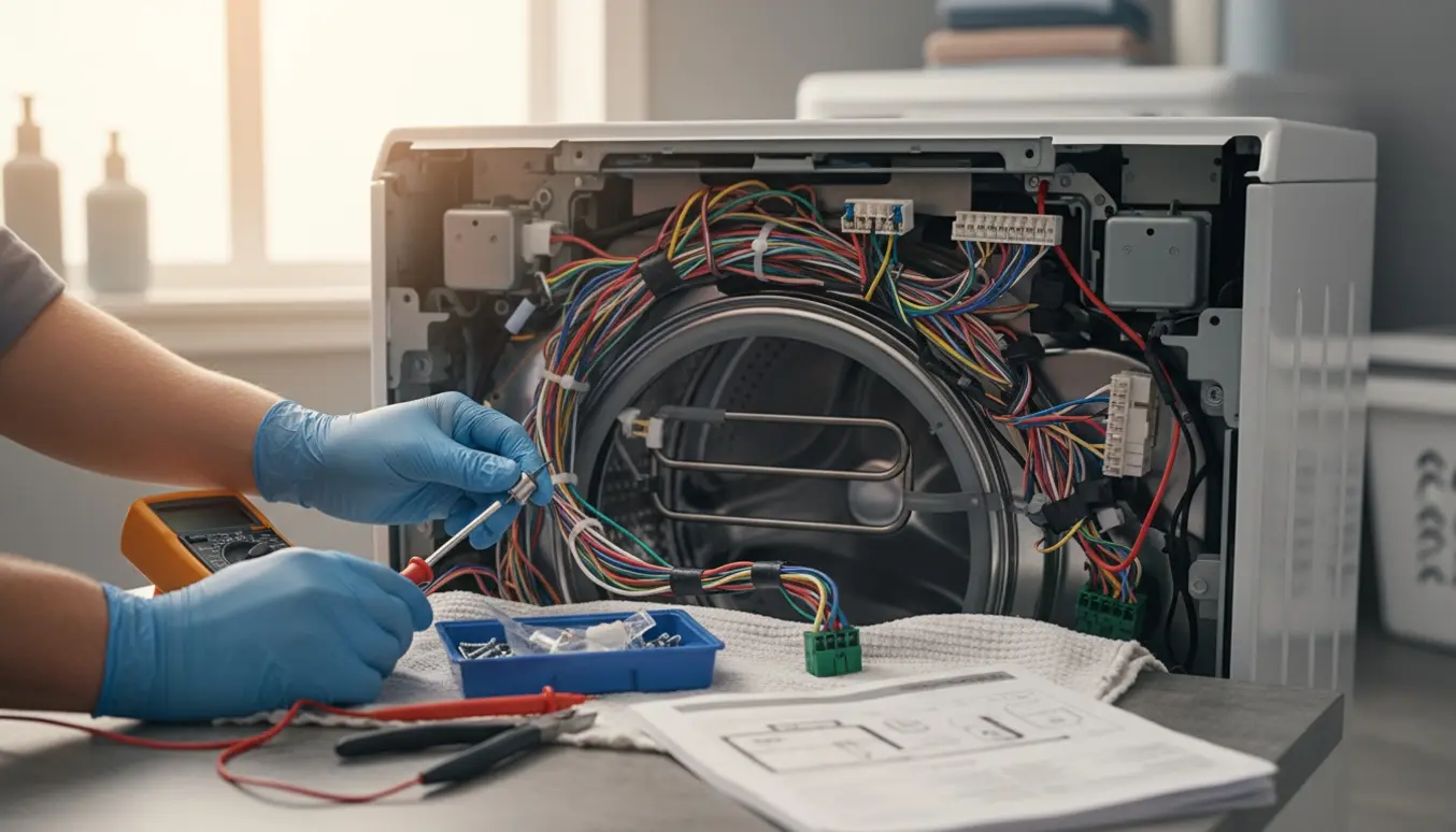 Hænder udskifter en temperaturføler i en åben vaskemaskine med multimeter og værktøj.