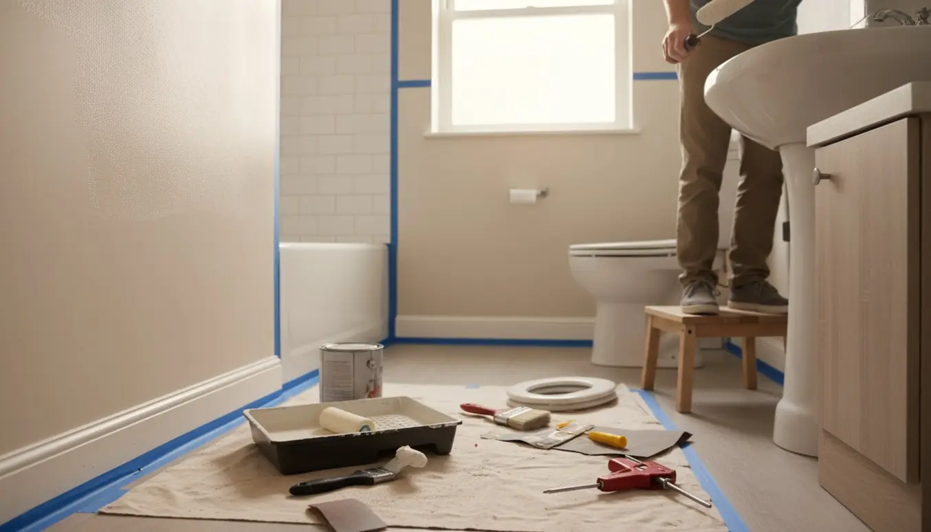 Hænder maler væg og laver småreparationer i et lille badeværelse med værktøj og malerudstyr.