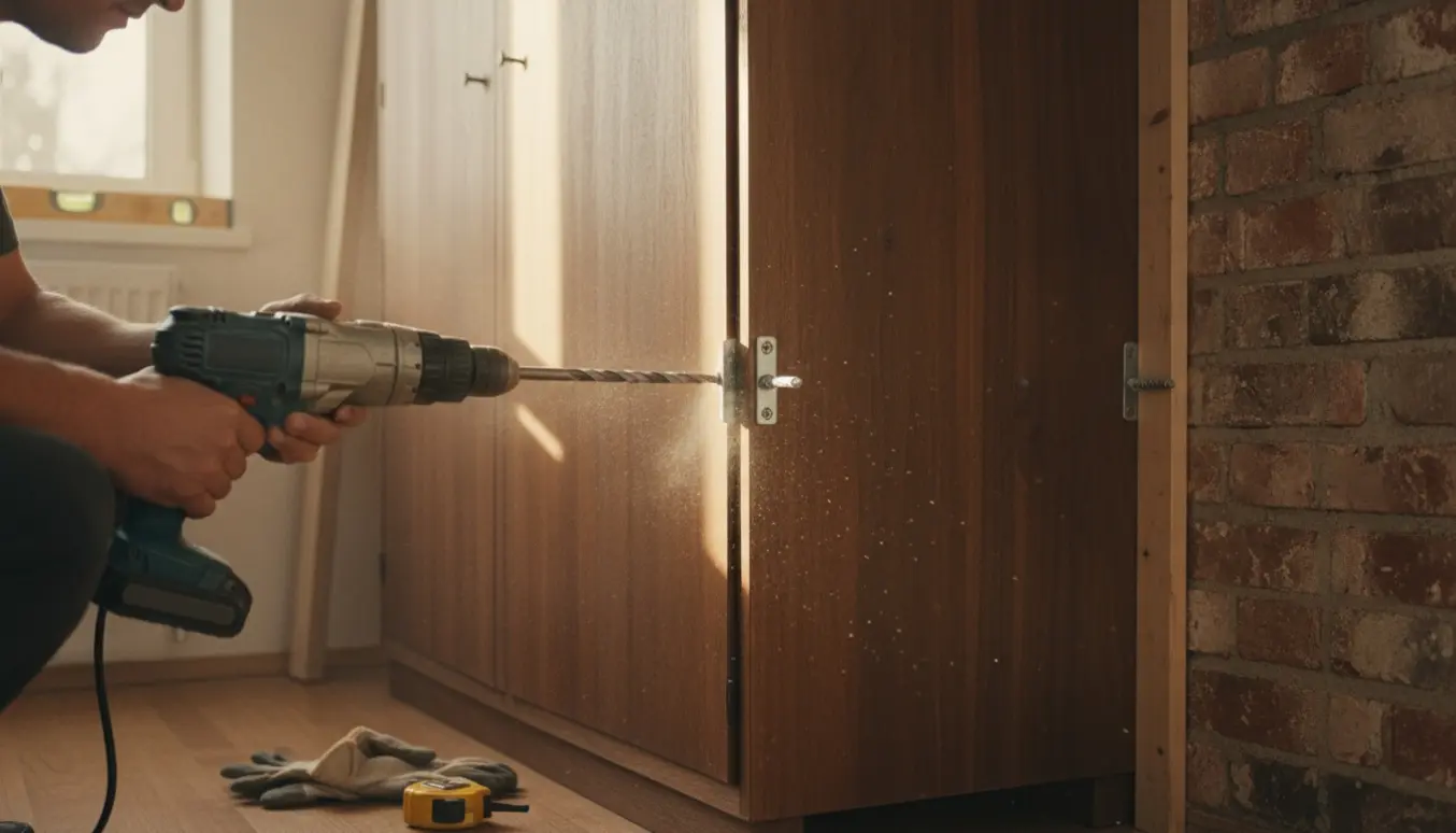 Et klædeskab monteres på en murvæg med en lang murbor, boremaskine, beslag og rawlplugs.