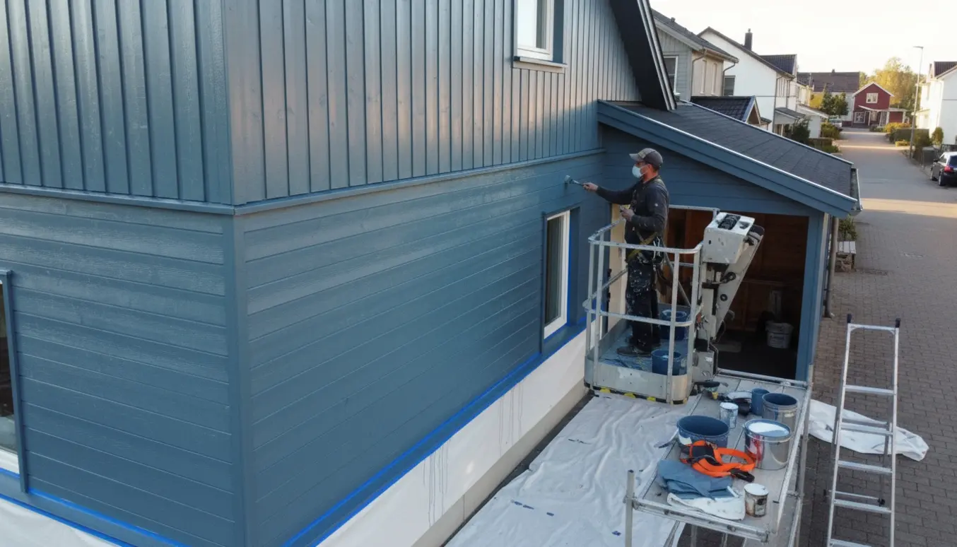 Maler i lift maler træfacade på rækkehus og skur/carport med pensel og rulle, ansigtet er skjult.