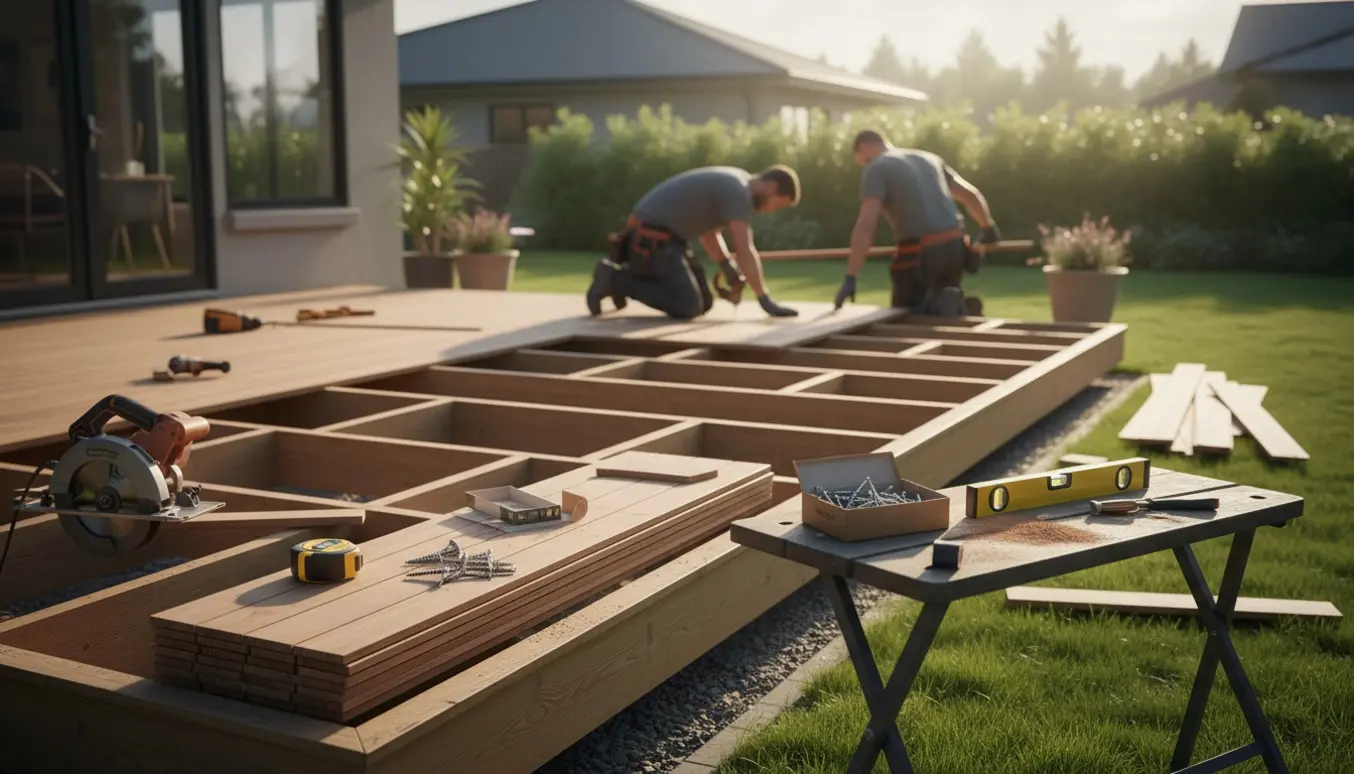Delvist færdig træterrasse i baghaven med stablede terrassebrædder og værktøj, ingen ansigter synlige.