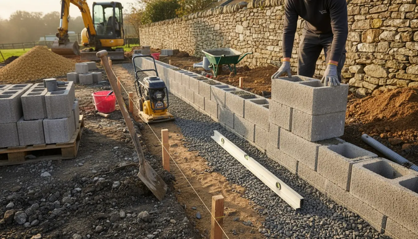 Lang støttemur under opbygning ved siden af en eksisterende mur med udgravning, bunker af blokke og værktøj.