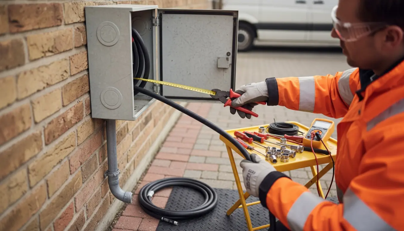Elektriker afkorter og frakobler elkabel ved et åbent udendørs elskab på husfacaden.