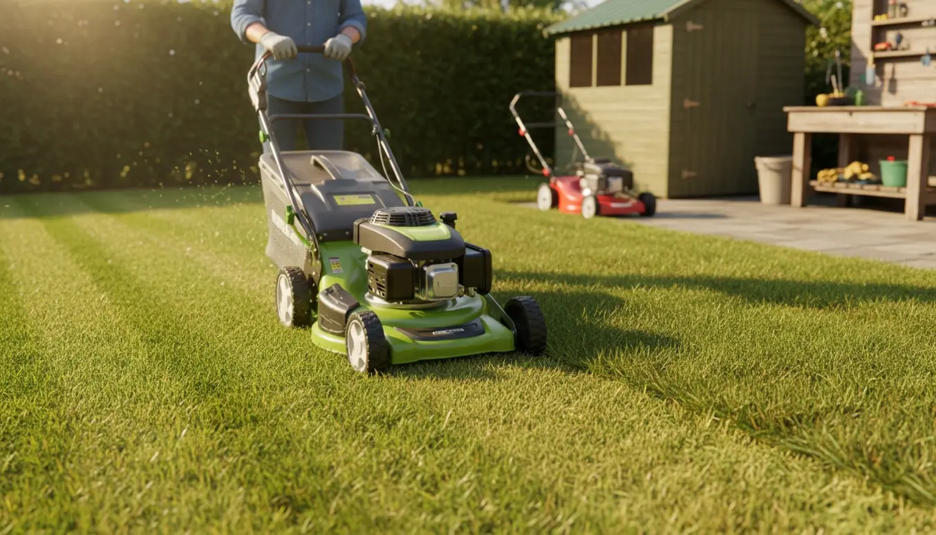 En nyslået græsplæne med en plæneklipper, der skaber tydelige striber mellem nyklippet og højt græs.