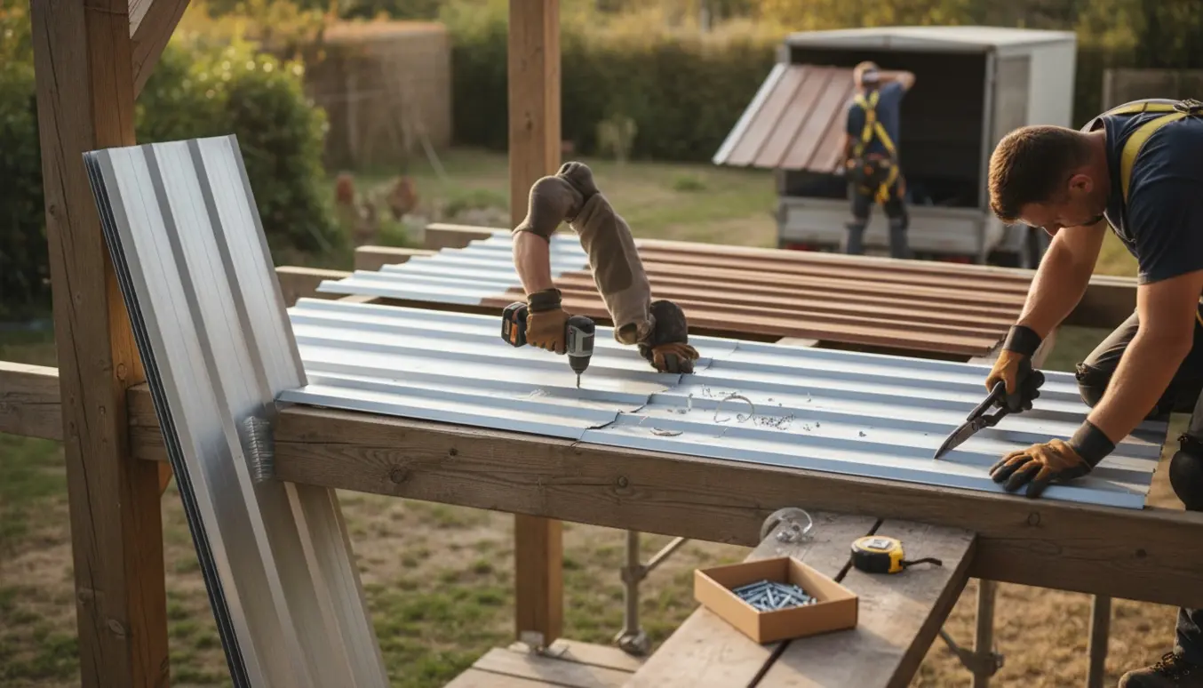 Udskiftning af trapezplader på en overdækket terrasse med værktøj og stabler af nye plader.