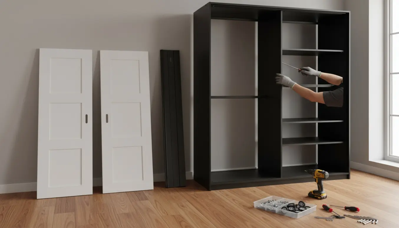 Delvist afmonteret PAX‑lignende garderobe med skydedørspaneler, sort stel og værktøj på trægulvet.