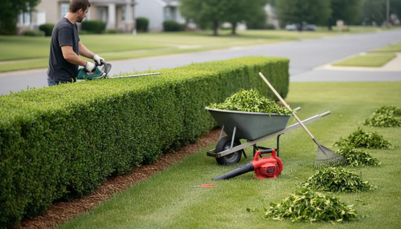 En havemand trimmer en lang hæk langs vejen med trillebør og bunker af friske klippeaffald.