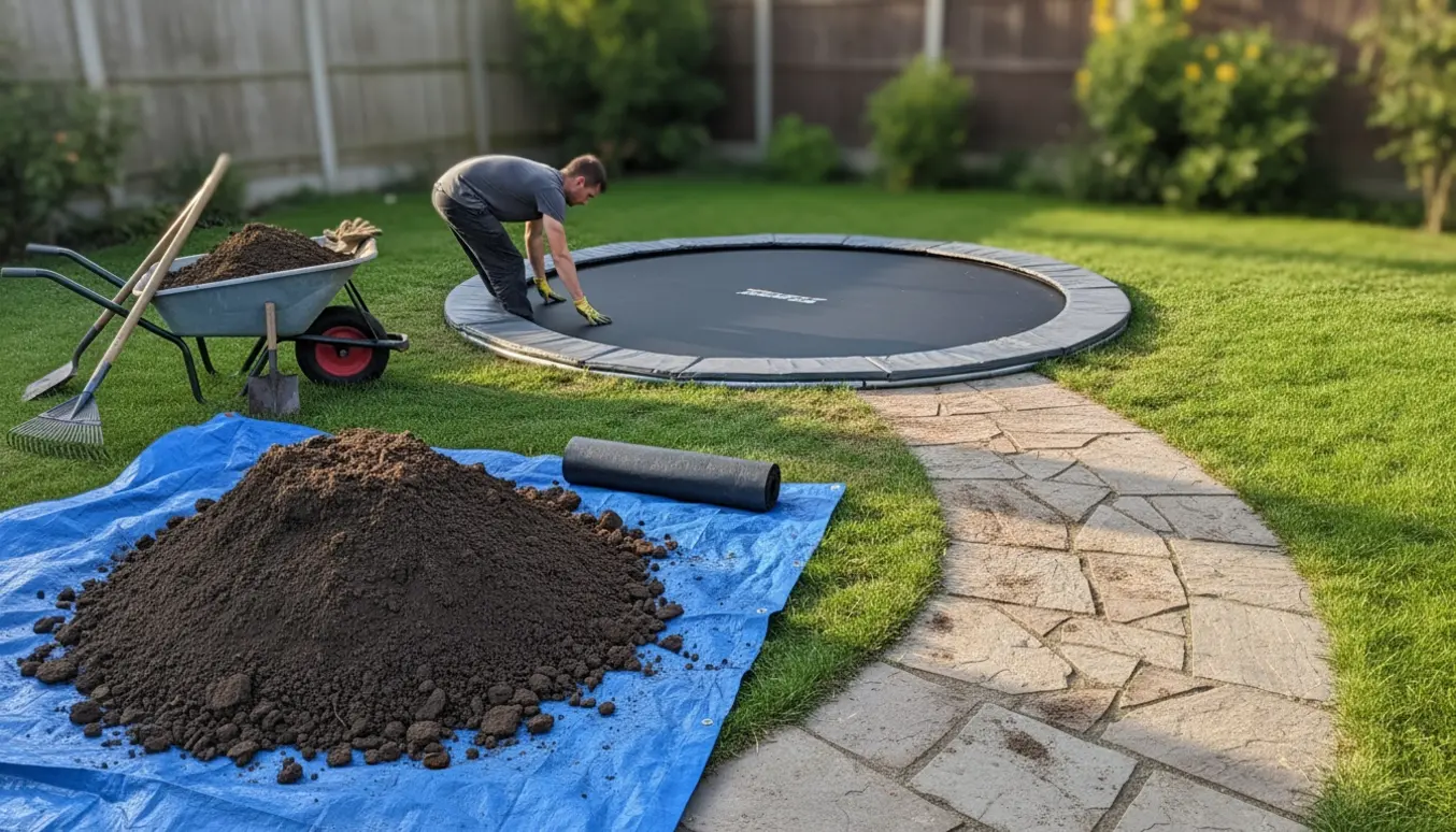 Nedgravning af rund trampolin i baghave med jordbunke, skovle og trillebør ved en flisegang.