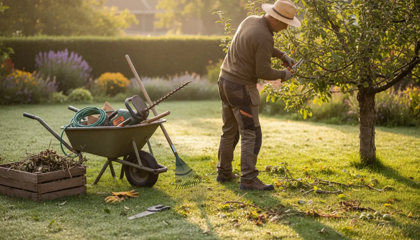 Havemand set bagfra beskærer et lille frugttræ i en velholdt have med trillebør, rake og en bunke grene.