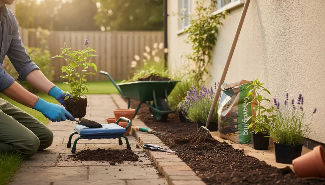 To hænder planter nye stauder i et lille bed ved et lyst hus, omgivet af haveredskaber og en pude til knæene.