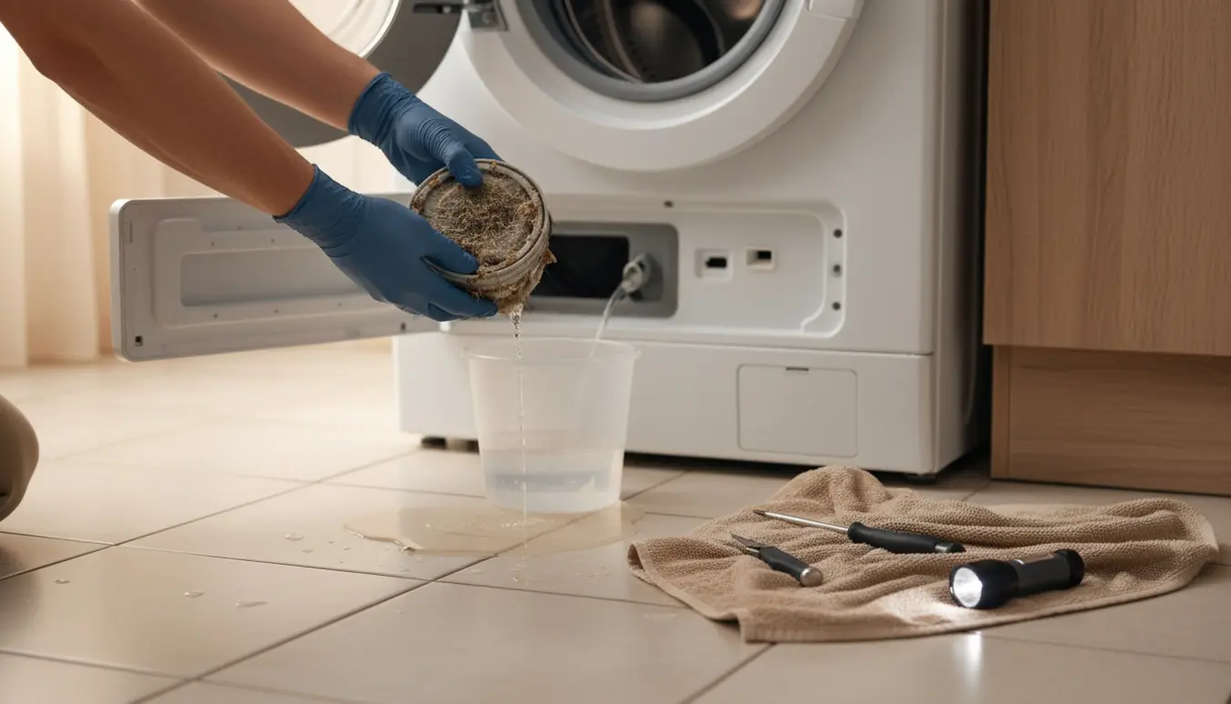 Hænder fjerner og inspicerer det aftagelige filter fra en frontbetjent vaskemaskine med spand og håndklæde på flisegulvet.