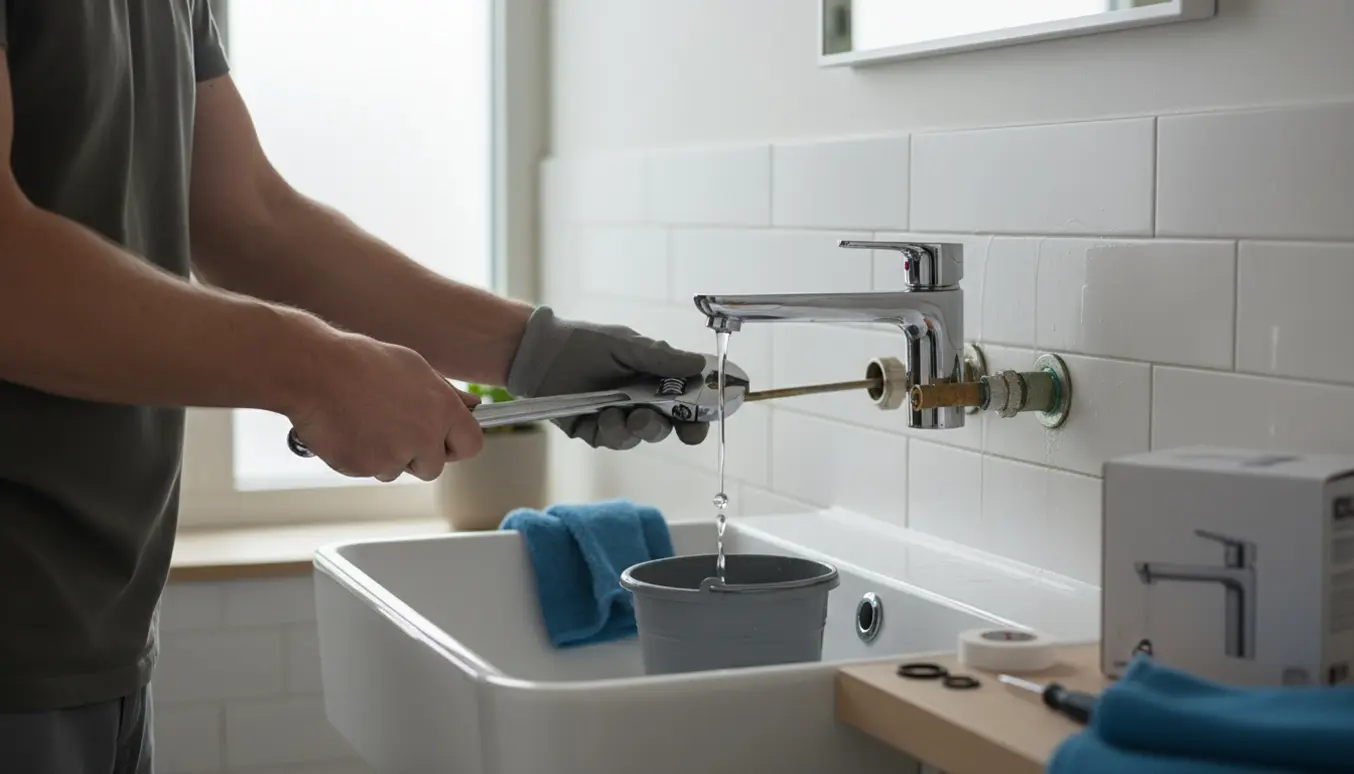 Hænder udskifter en væghængt kromvandhane over et håndvask med værktøj og en spand til vand.
