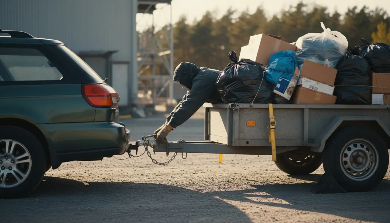 En stationcar med en påhængsvogn fyldt med affaldssække, hvor handsker sikrer anhængerens kugletræk ved indkørsel til et affaldsanlæg.