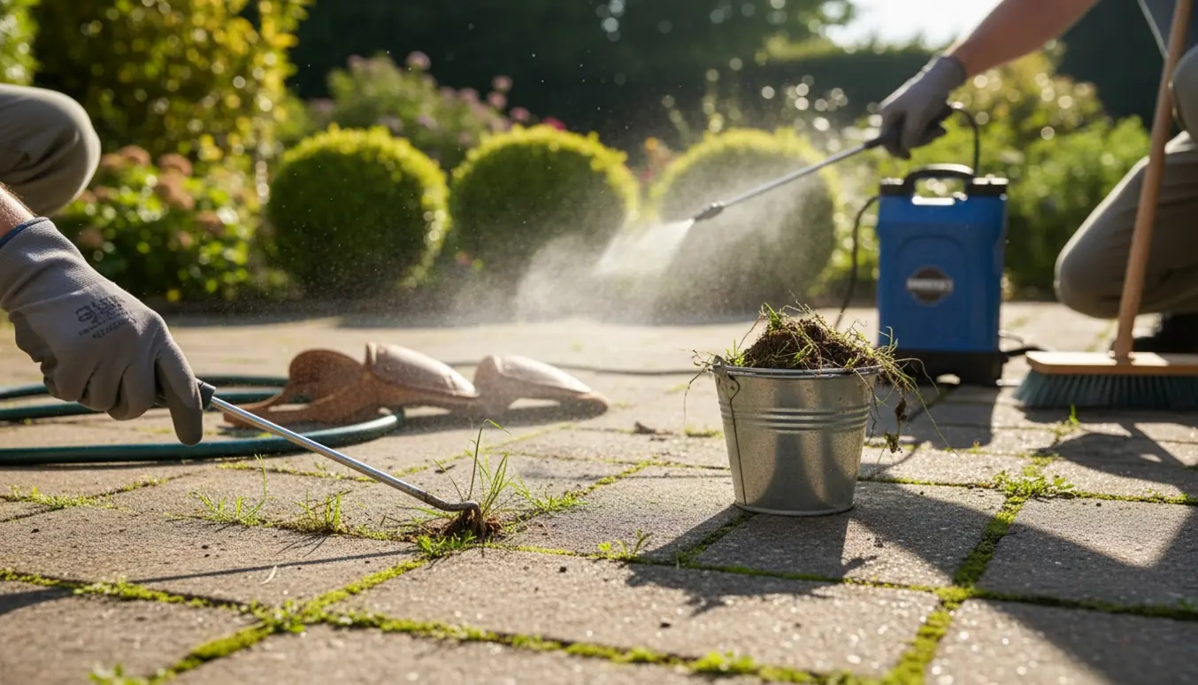 Nogen fjerner ukrudt mellem fliser manuelt og sprøjter ukrudt på et solbeskinnet fliseareal.