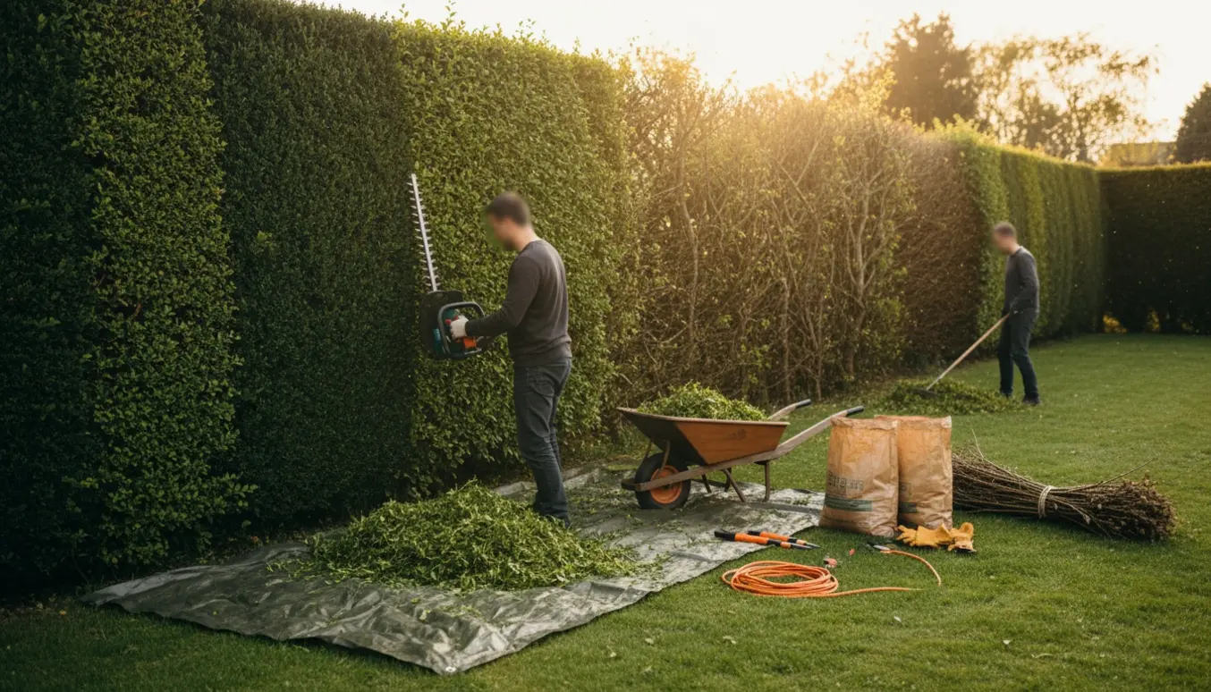 En havespecialist trimmer en lang hæk, mens afklip samles i trillebør og på presenning.