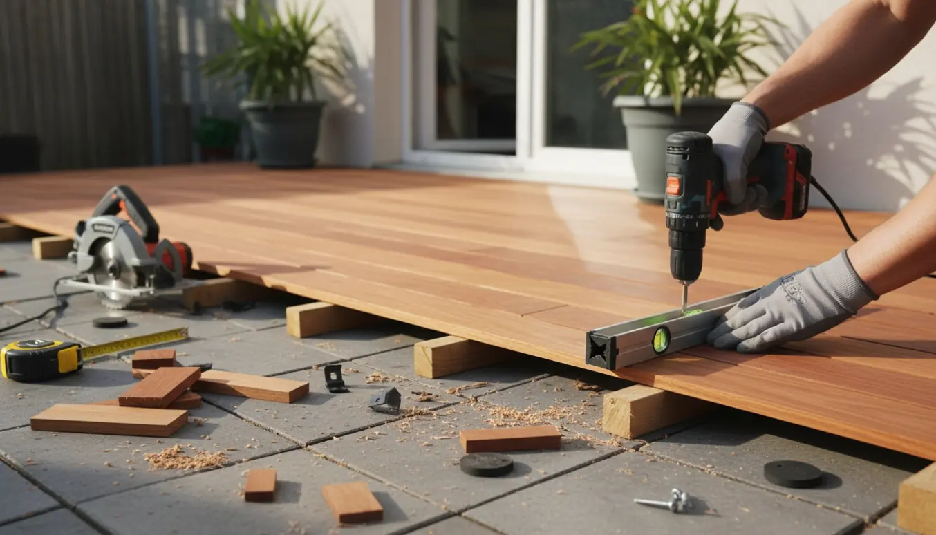 Partielt installeret Jatoba-terrasse oven på en gammel fliseterrasse med værktøj og hænder i arbejde.