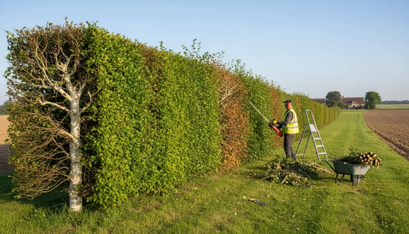 En gartner trimmer en lang bøgehæk langs en skrånende mark, med friske snit og afklip i en skovl ved siden af.