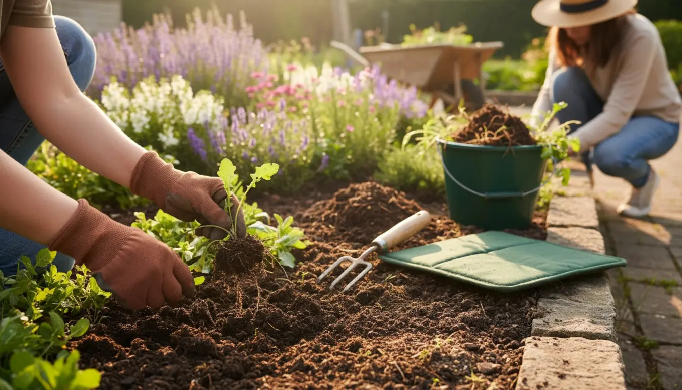 Nærbillede af hænder, der trækker ukrudt op af et havebed med mørk jord og en spand med ukrudt i baggrunden.