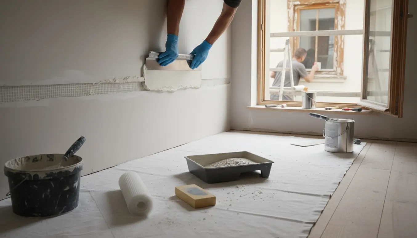 Indendørs spartling og maling med synligt væv og værktøj, set gennem vindue til en udvendig kvist under slibning og maling.