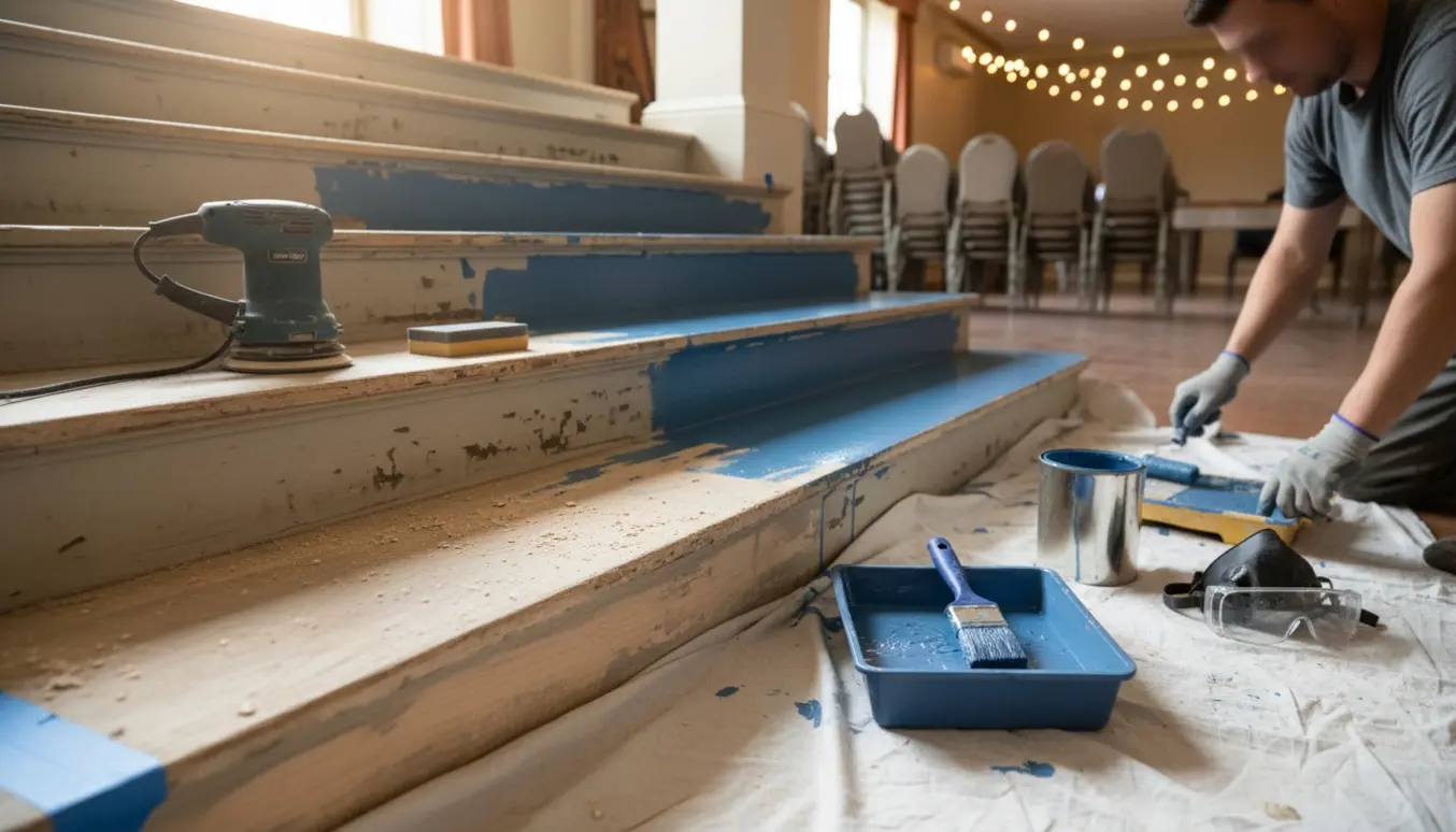 Reparation og maling af en trappe i et selskabslokale med slibeværktøj og blå gulvmaling.