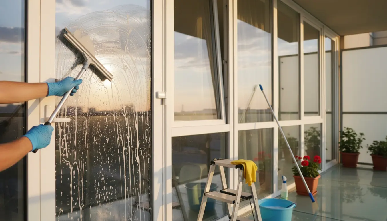 Hænder i handsker bruger en vinduesskraber og spand til at pudse en altandør og tilstødende vinduer på en lejlighedsaltan.