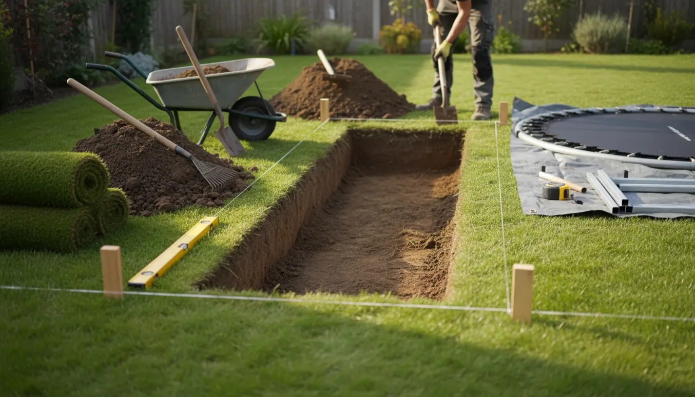 Udgravning af aflangt hul til trampolin i baghave med værktøj og rullede græstørv.