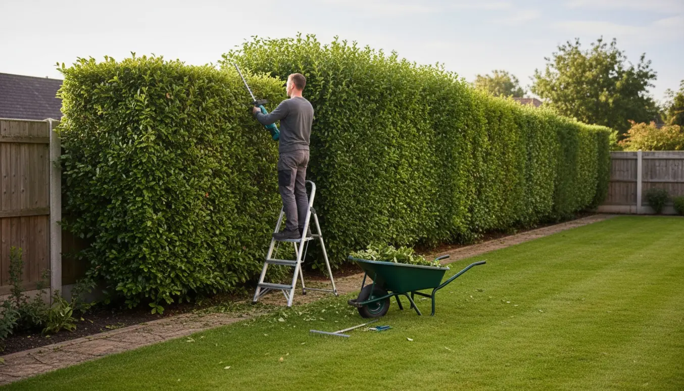 Person trimmer to grønne hække på omkring 2,5 m højde i en have med værktøj og friske klip på græsset.