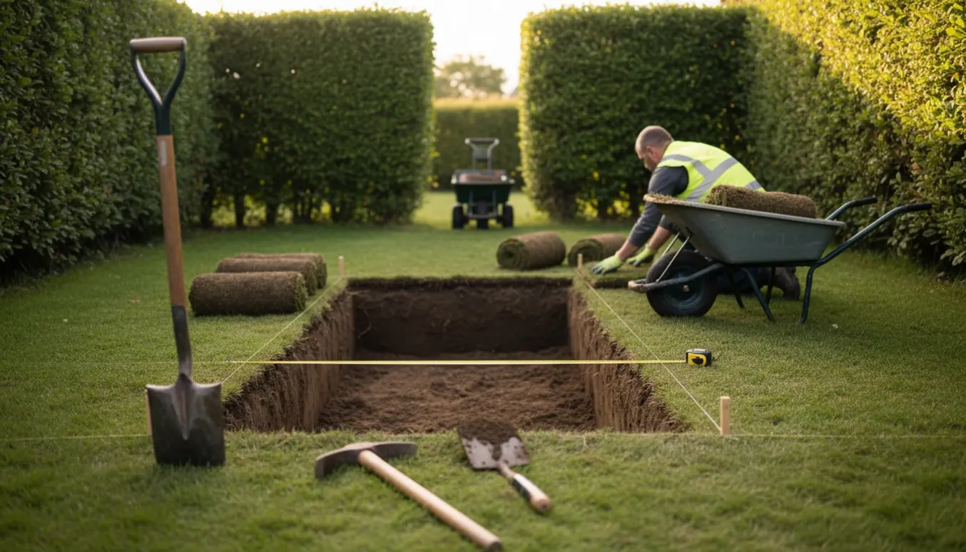 Udhulning til nedgravet trampolin i lukket have med rullede plætestykker, skovler og målebånd.