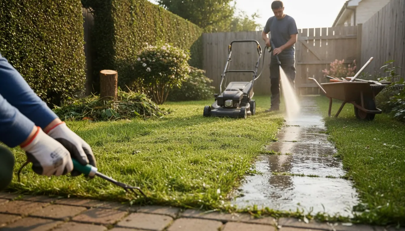 Havearbejde i en baghave med klipning af græs og hæk samt rensning af fliser og fjernelse af ukrudt.