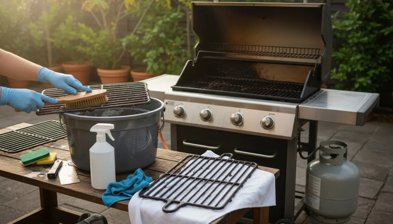Åben gasgrill på terrasse med fjernede riste, handsker og rengøringsredskaber klar til rengøring.