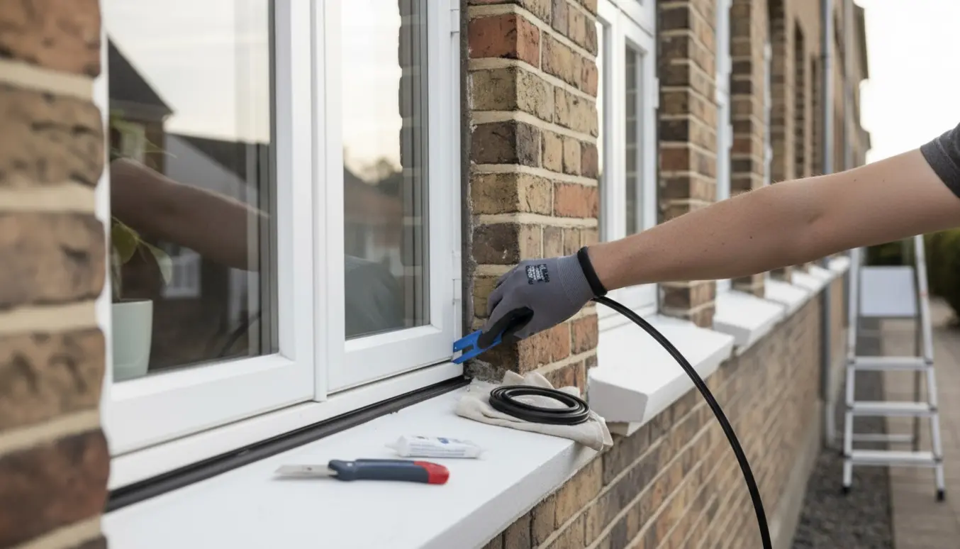 Nærbillede af udskiftning af sorte gummilister omkring et vindue på en rødmuret ejendom i Aalborg.