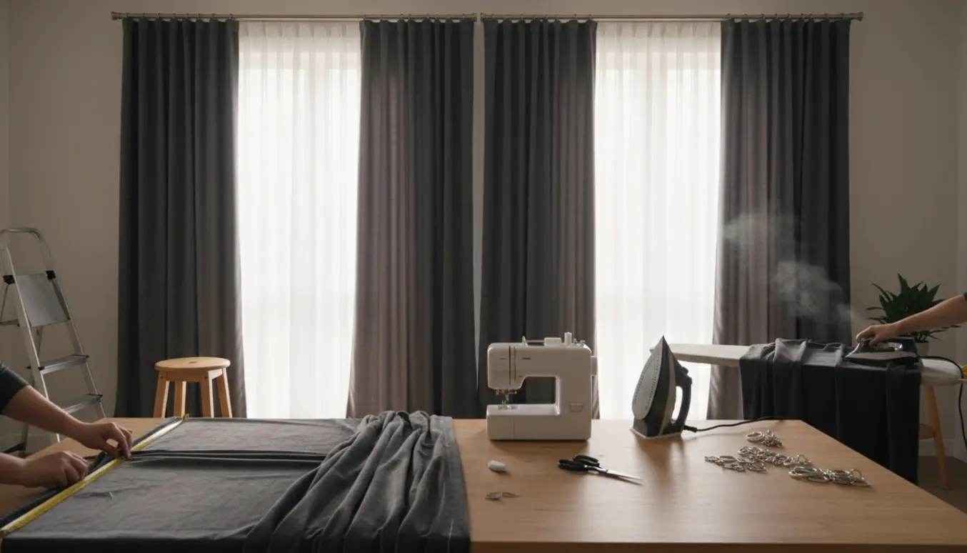 Nærbillede af hænder, der måler og syr 9 gardiner (4 par mørke, 5 par lette) i en lys stue.