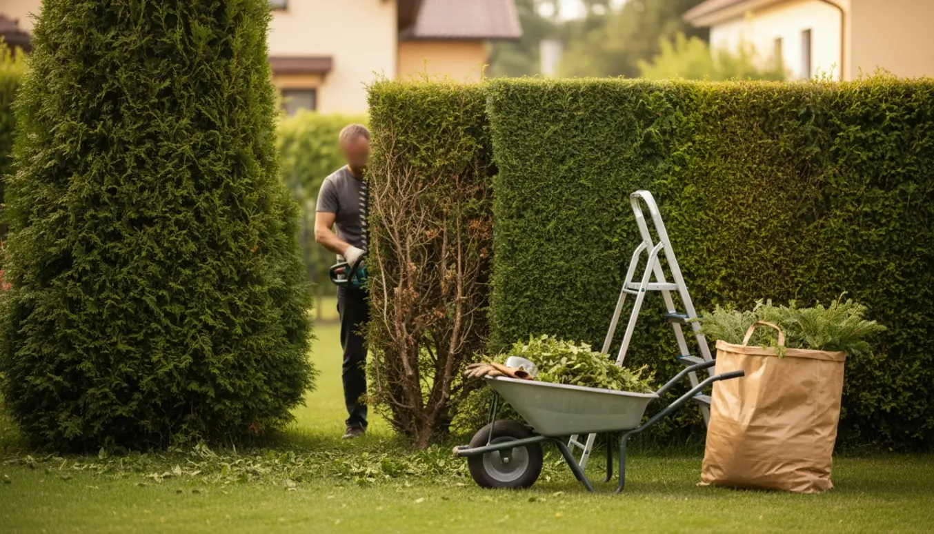 En nyligt beskåret hæk i en parcelhushave med trimmer, trillebør og poser til haveaffald.