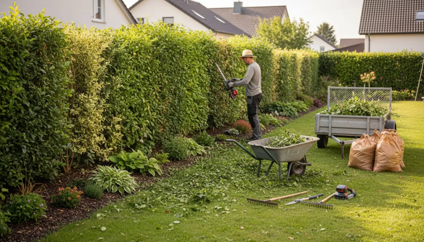 Havemand set bagfra klipper en blandet bøge- og ligusterhæk mens trillebør og fyldte haveaffaldssække står klar.