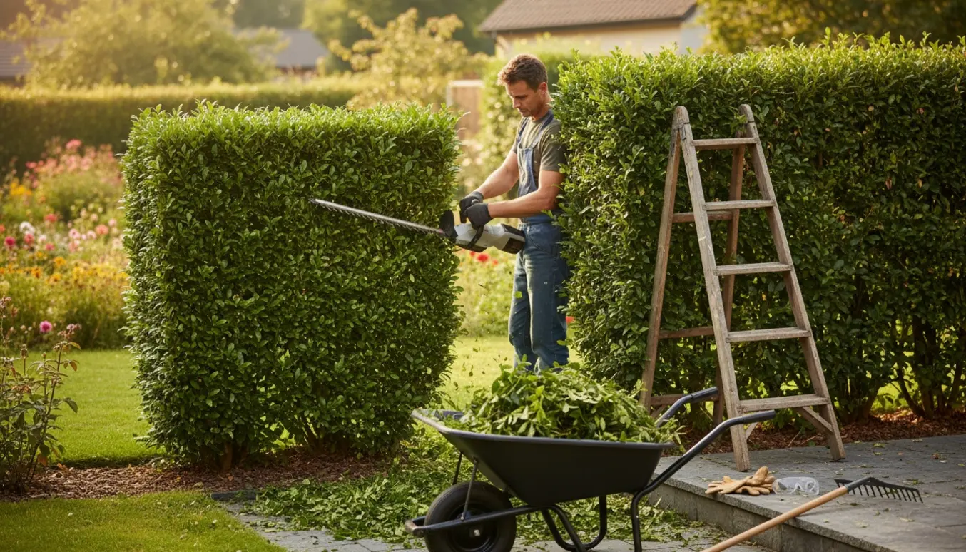 Person klipper en grøn hæk med hækkeklipper, med friske afklip og haveredskaber ved siden af.