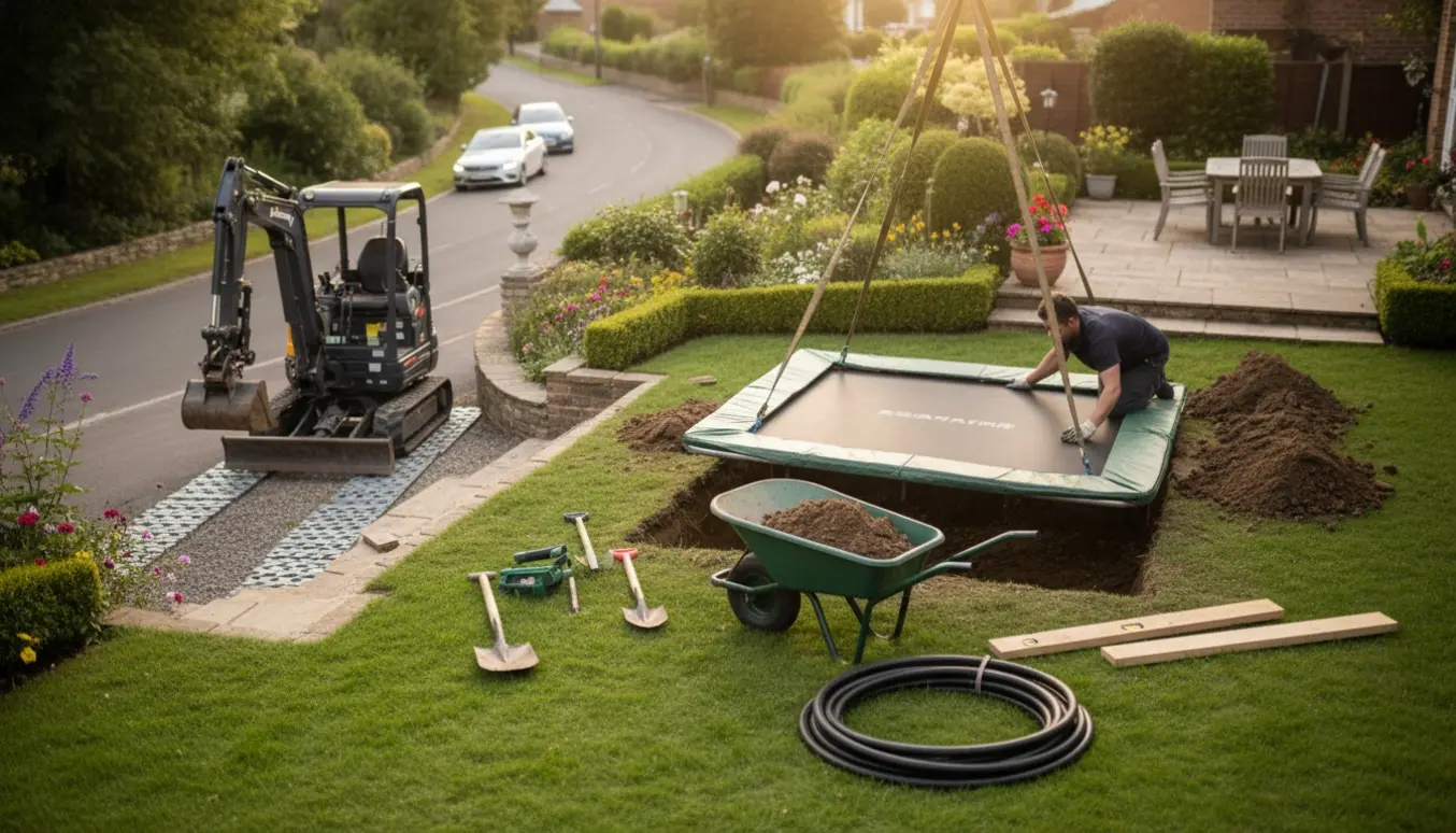 Nedgravning af trampolin i have med mini-gravemaskine og køreplader over trapper.